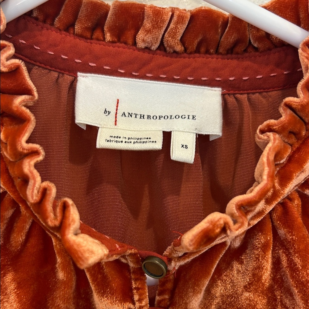 Anthropologie Velvet Button-Up Top in Rich Rust - Picture 2 of 6